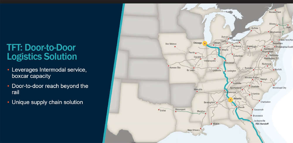 Illustration showing route of Norfolk Southern less-than-carload service