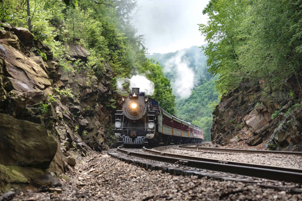 Train with steam locomotive approaches through rock cut