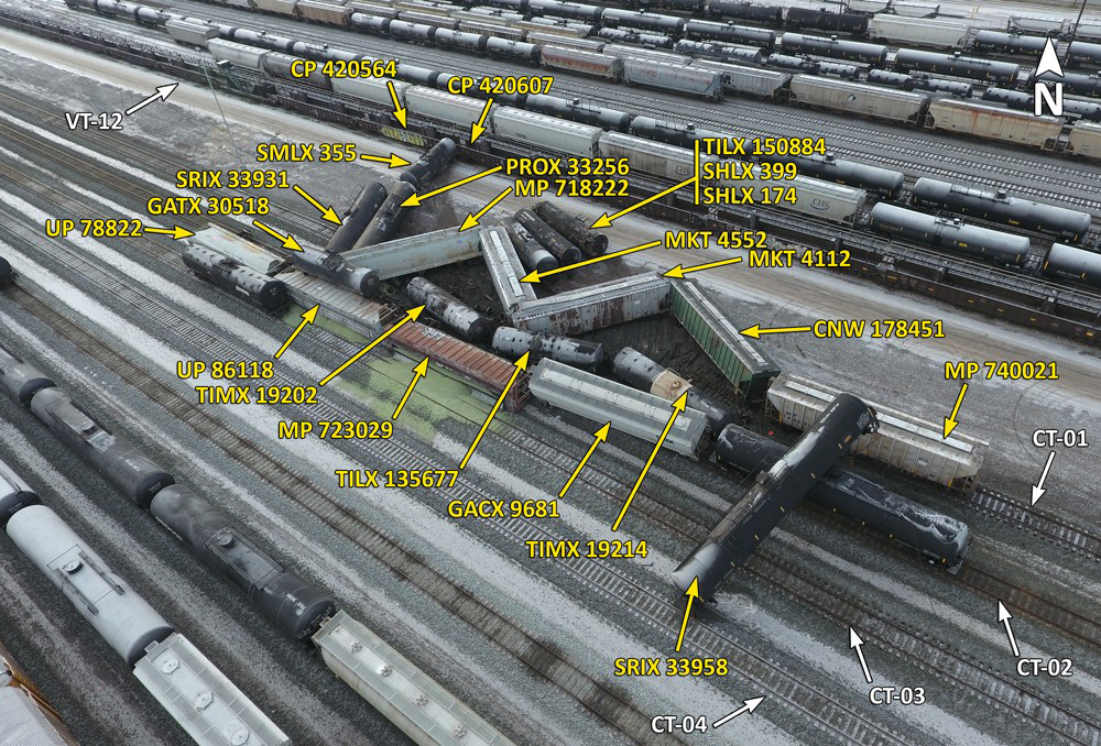 Aerial photo of derailment, with notations identifying each car