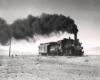 Black-and-white view of 4-6-0 steam locomotive making smoke with 1-car train in desert