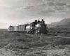 Black-and-white view of 4-6-0 steam locomotive with short freight train in desert