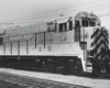 Black-and-white view of diesel road-switcher locomotive