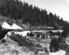 Black-and-white view of steam locomotive with freight train entering a loop in mountains