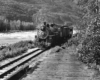 Black-and-white view of 2-8-2 steam locomotive with 2-car train beside river