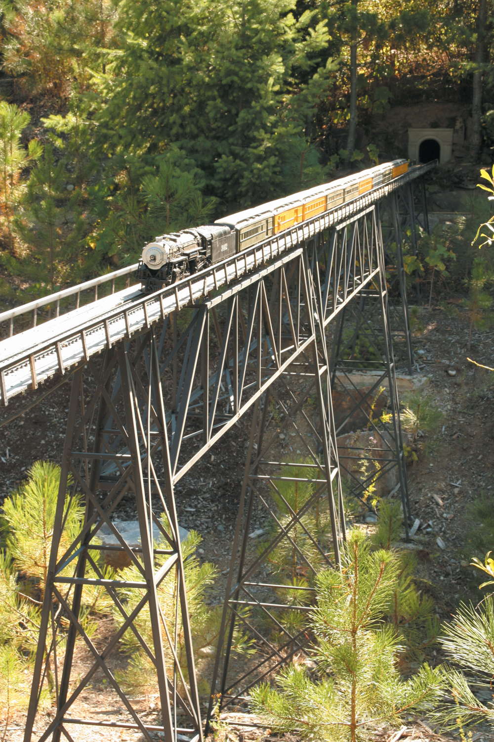Model train on a high trestle