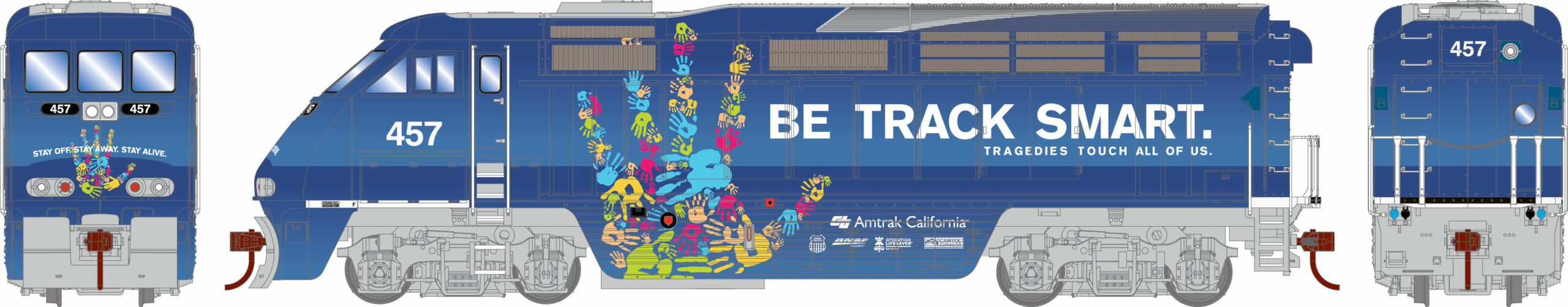 Amtrak “Be Track Smart” Electro-Motive Division F59PHI diesel locomotive.