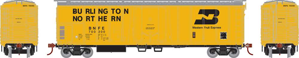 Burlington Northern 50-foot mechanical refrigerator car with exterior posts.