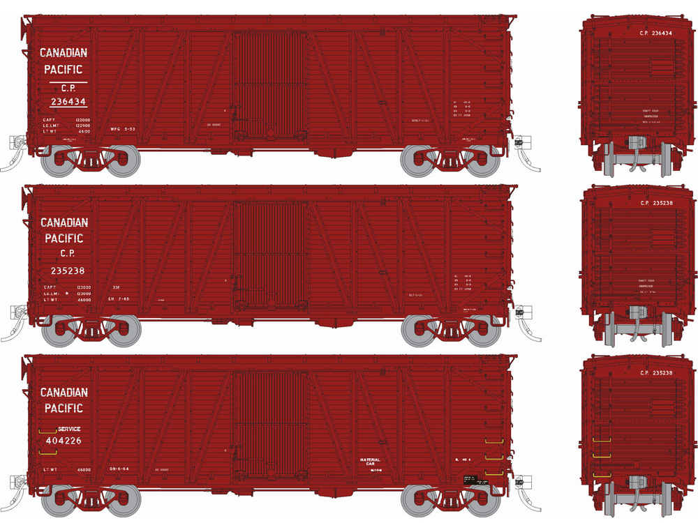 Canadian Pacific “clone” United States Railroad Administration 40-foot boxcar in varying schemes.