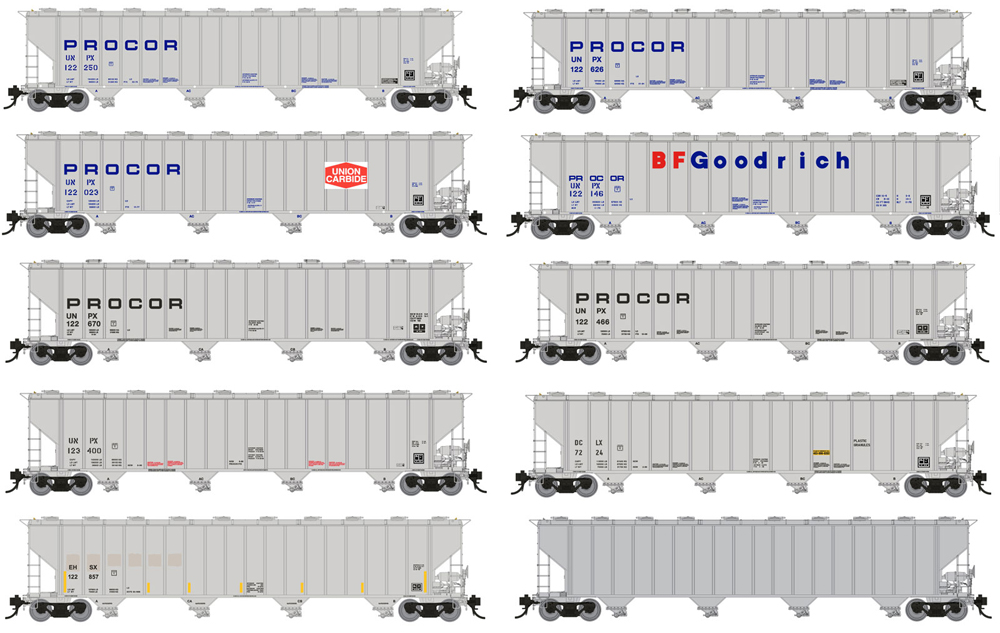 5,820-cubic-foot-capacity four-bay plastic pellet covered hoppers in varying paint schemes.