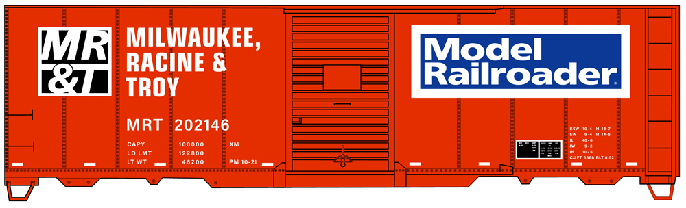 Artwork for HO scale Milwaukee, Racine & Troy 40-foot boxcar in orange-and-black paint scheme.