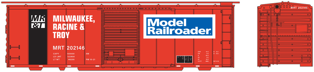 Artwork for N scale Milwaukee, Racine & Troy 40-foot boxcar in orange-and-black paint scheme.