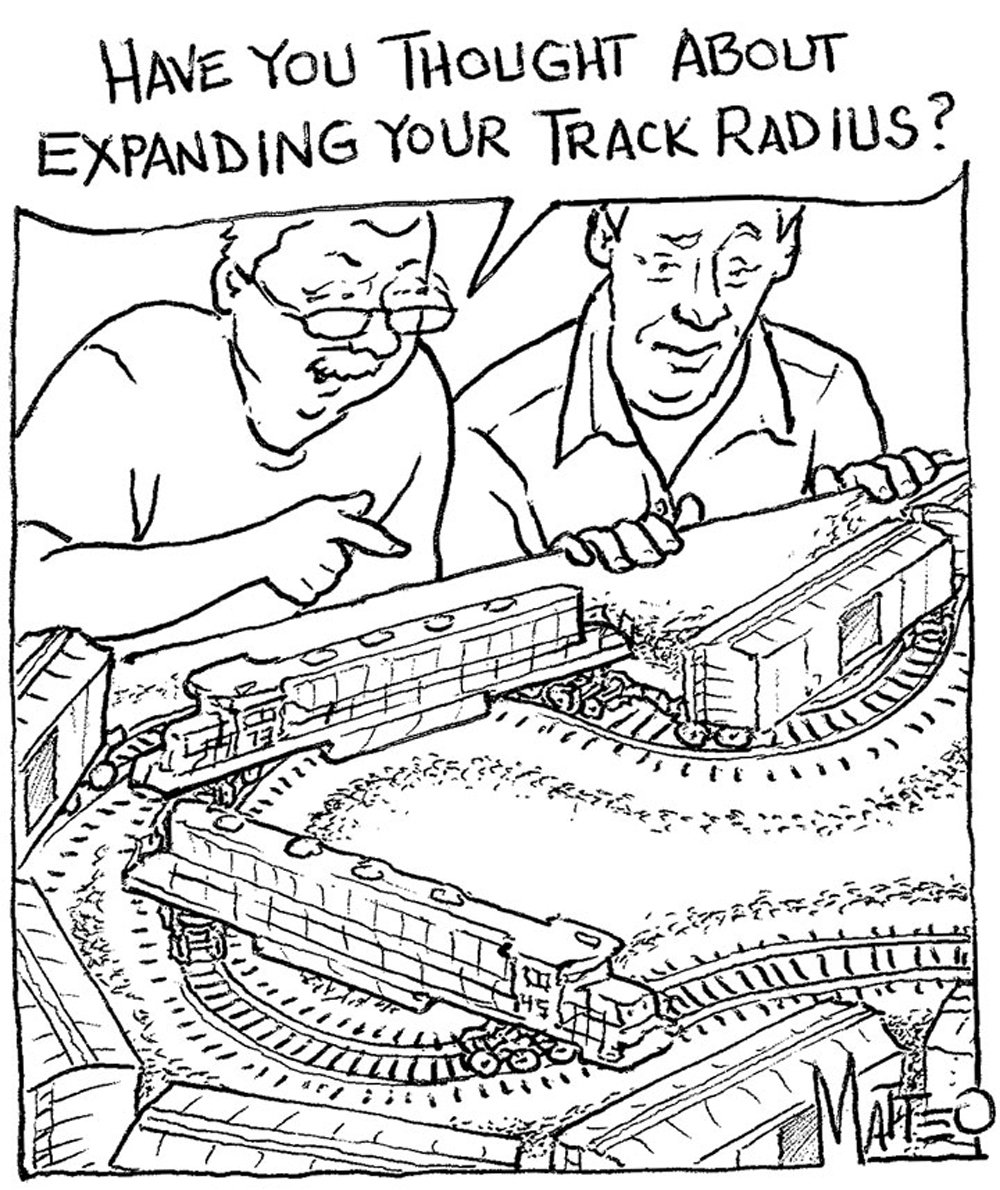 Two men watch a train awkwardly span a series of too-sharp curves.