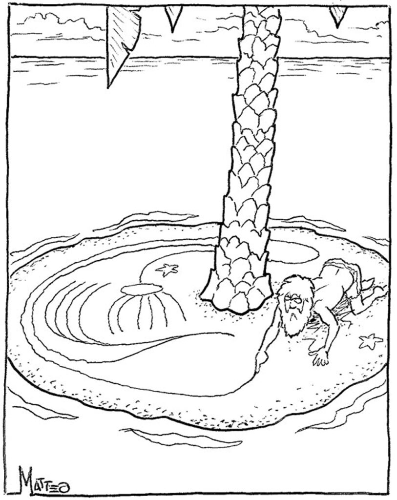 A man stranded on a tiny desert island draws track plans in the sand around the base of a palm tree. No caption.