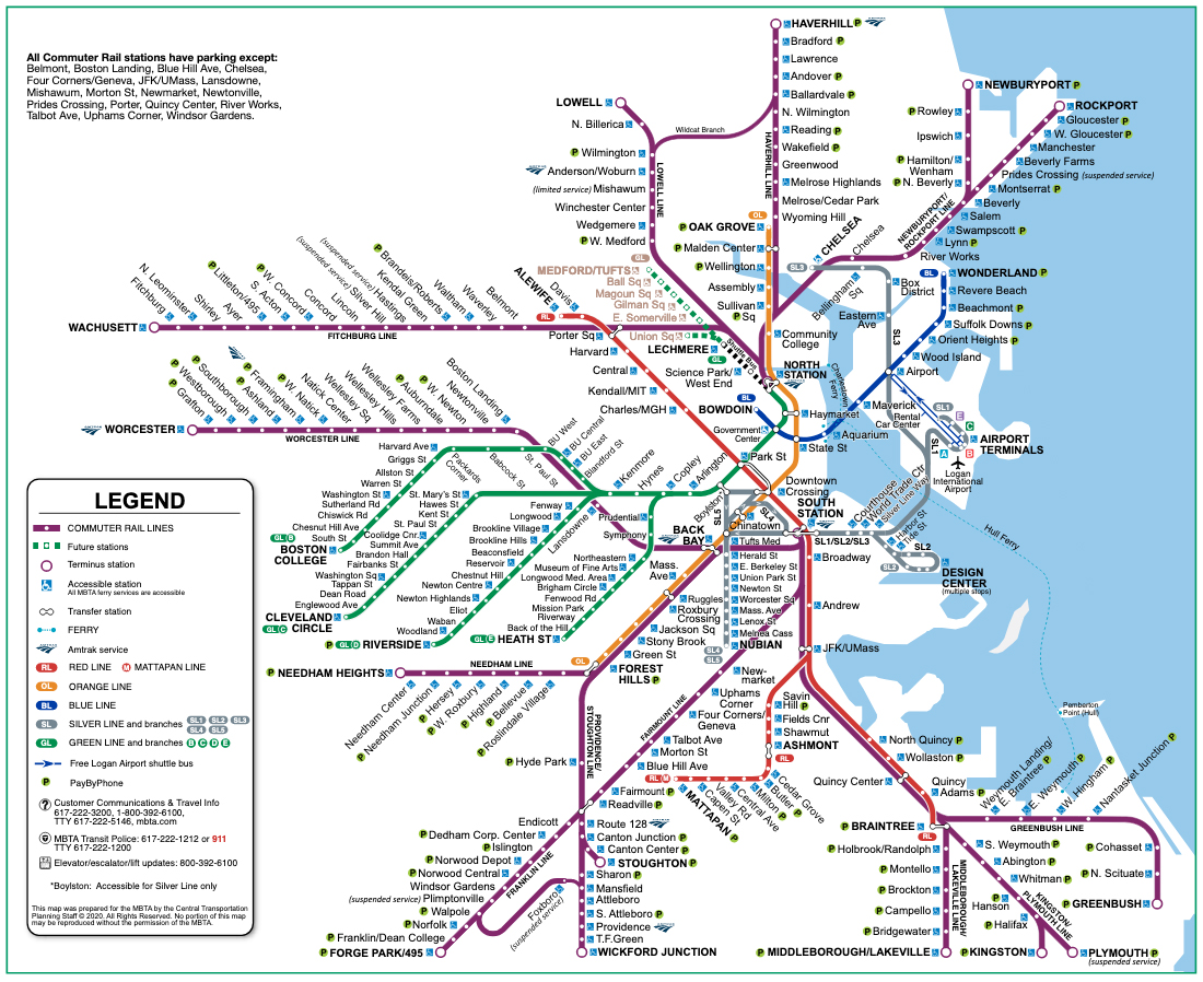 Map of Massachusetts Bay Transportation Authority rail lines