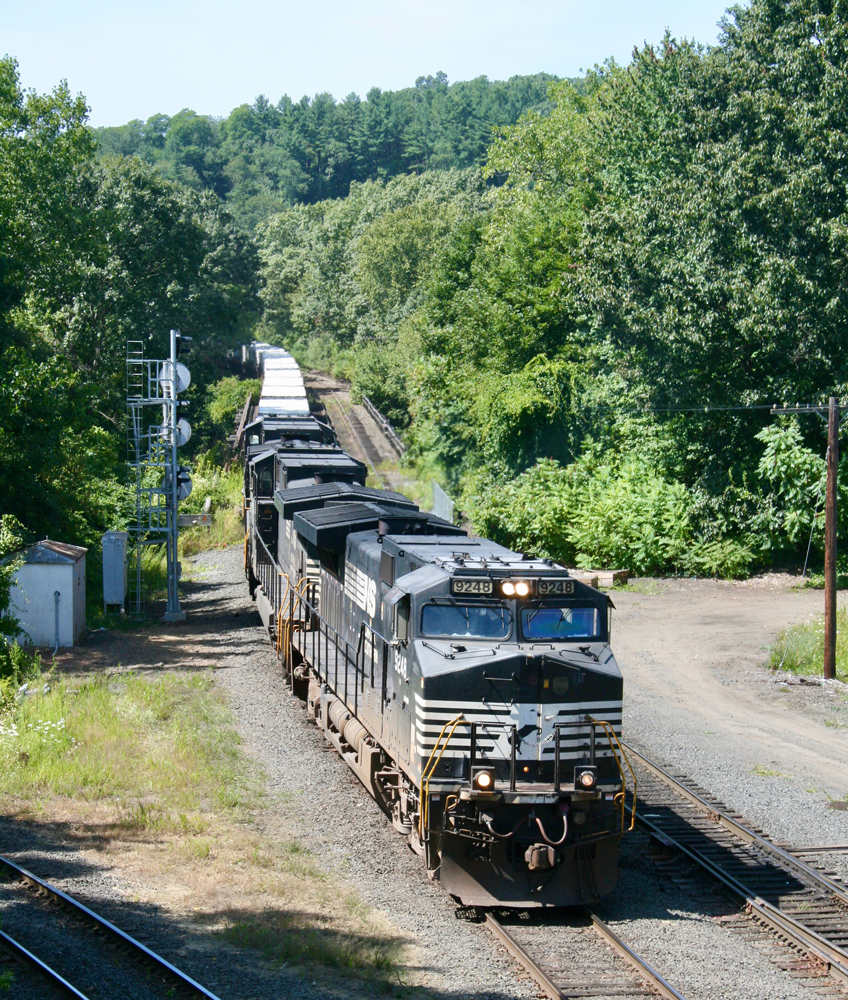 Train with black locomotives in wooded area