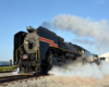 Close-up view of a steam locomotive in a yard.