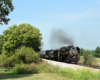 Steam locomotive hauling a freight train under clear, sunlit skies.