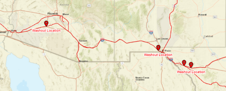 Map with four locations highlighted in red
