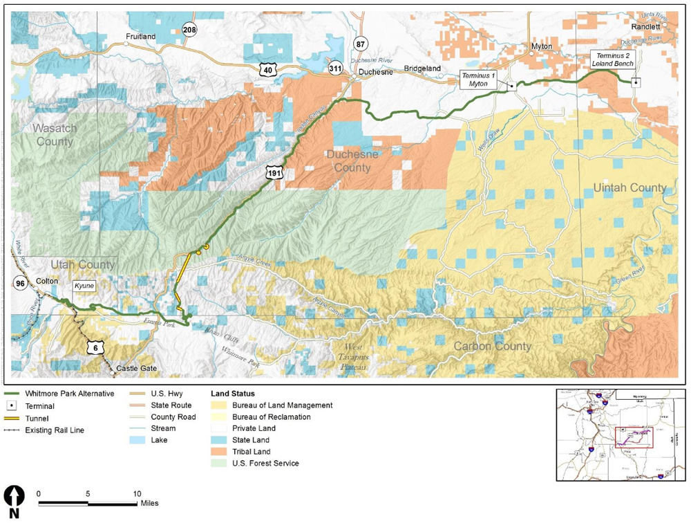 Map showing proposed rail route in Utah