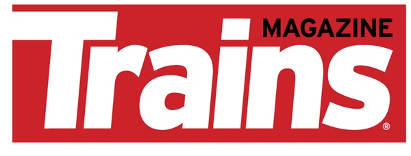 Trains Magazine logo, white letters on red background