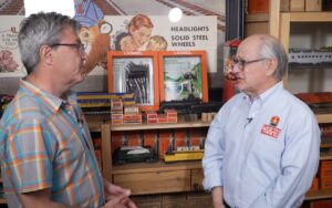 John Truckenbrod and Roger Carp with vintage Lionel blister packaging. Lionel postwar No. 3562 barrel cars