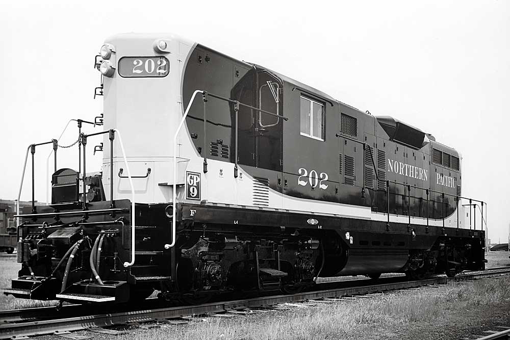 Angular diesel locomotive in contrasting dark and light scheme