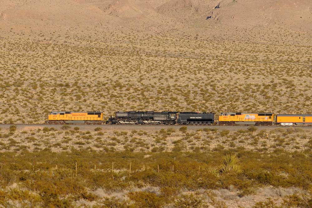 Train in profile against hillside in low evening light