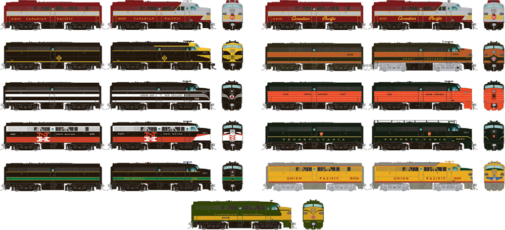 Alco FA-1 and FB-1 diesel locomotives in various schemes.