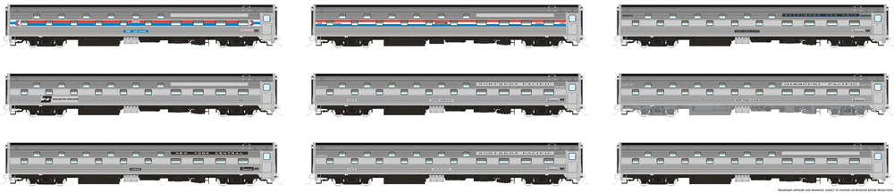 Budd Slumbercoach cars in varying schemes.