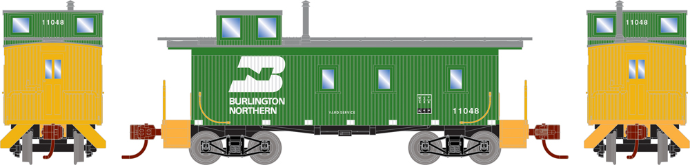 Burlington Northern three-window offset-cupola double-sheathed caboose.