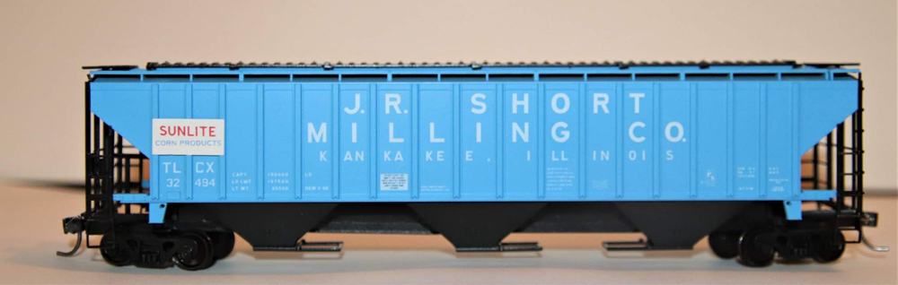 J.R. Short Milling Co. Pullman-Standard 4,750-cubic-foot capacity three-bay covered hopper for the Kankakee Model Railroad club.