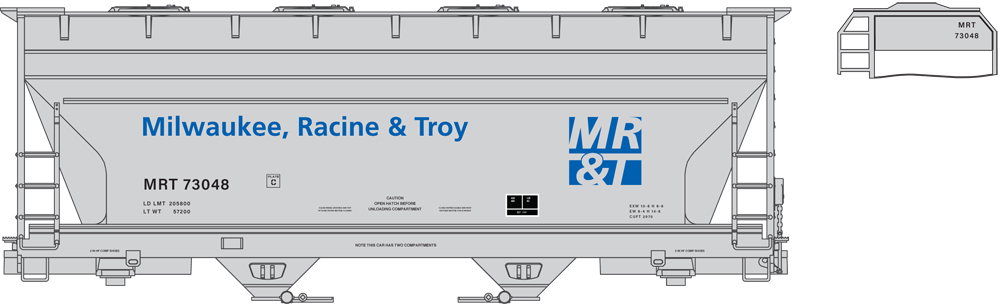 Artwork for Milwaukee, Racine & Troy ACF 2970 two-bay covered hopper painted gray, blue, and black.