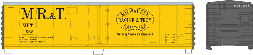 Artwork for transition era Milwaukee, Racine & Troy HO scale 40-foot steel refrigerator car.