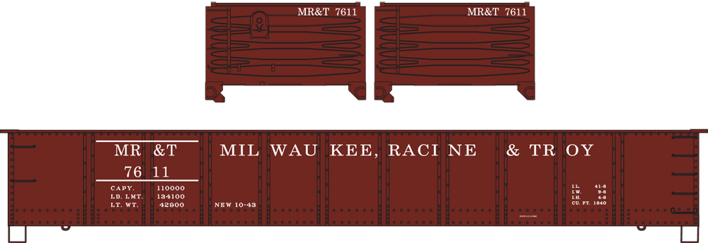 Artwork for transition era Milwaukee, Racine & Troy HO scale 41-foot gondola.