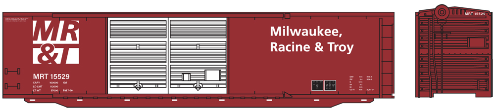 Artwork for Milwaukee, Racine & Troy N scale 50-foot double-door boxcar painted Oxide Red with white doors