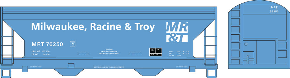 Artwork for Milwaukee, Racine & Troy N scale ACF two-bay Center Flow covered hopper painted blue with white graphics.