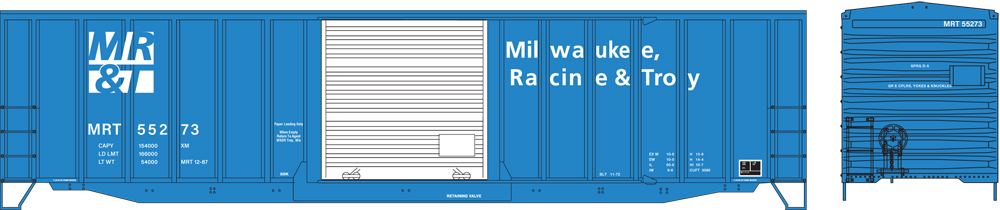 Artwork for Milwaukee, Racine & Troy ACF 50-foot boxcar with exterior posts painted blue and white.