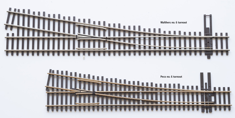 A Walthers HO scale no. 6 turnout shown for comparison next to a Peco HO scale no. 6 turnout