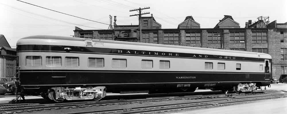 Exterior of two-tone passenger rail car