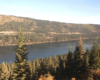 View of mountain lake surrounded by pine trees