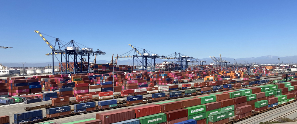 Containers on railcars in foreground with many stacked containers behind