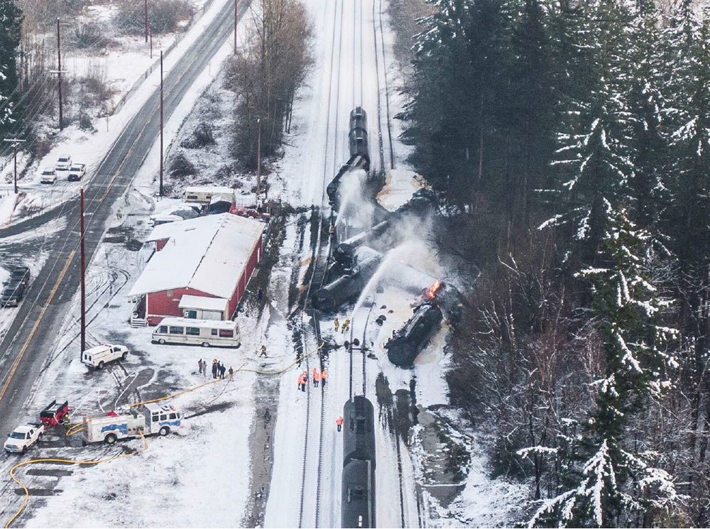 Aerial vew of derailed tank cars in snow