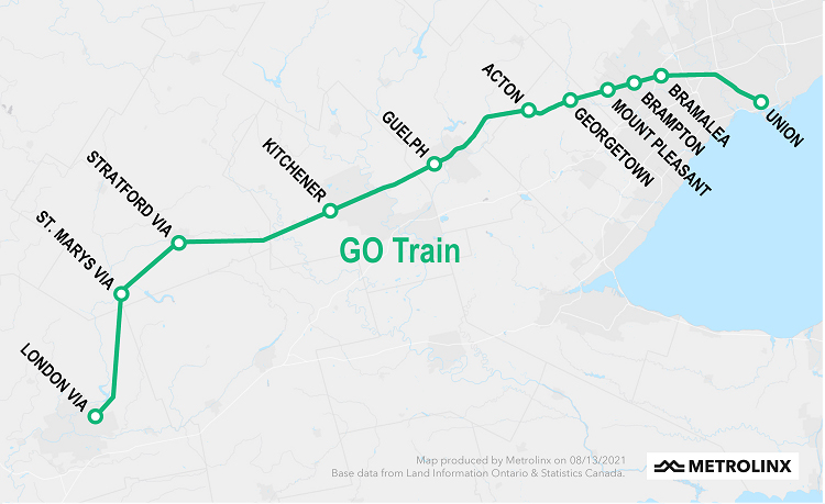 Map showing new GO Transit route between Toronto and London, Ontario