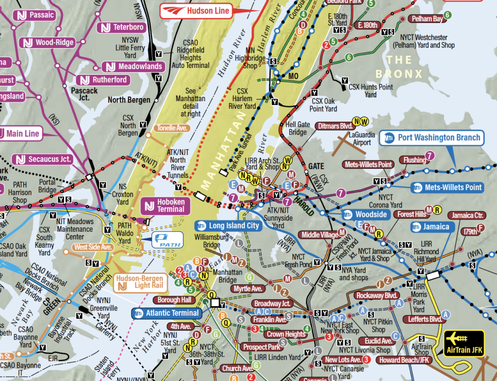Detail portion of a NYC transit map.