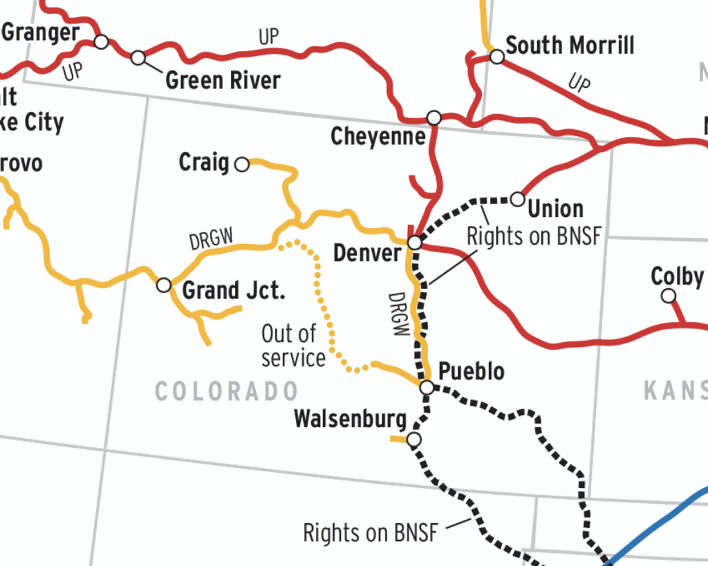 An up-close map of the Union Pacific Railroad.