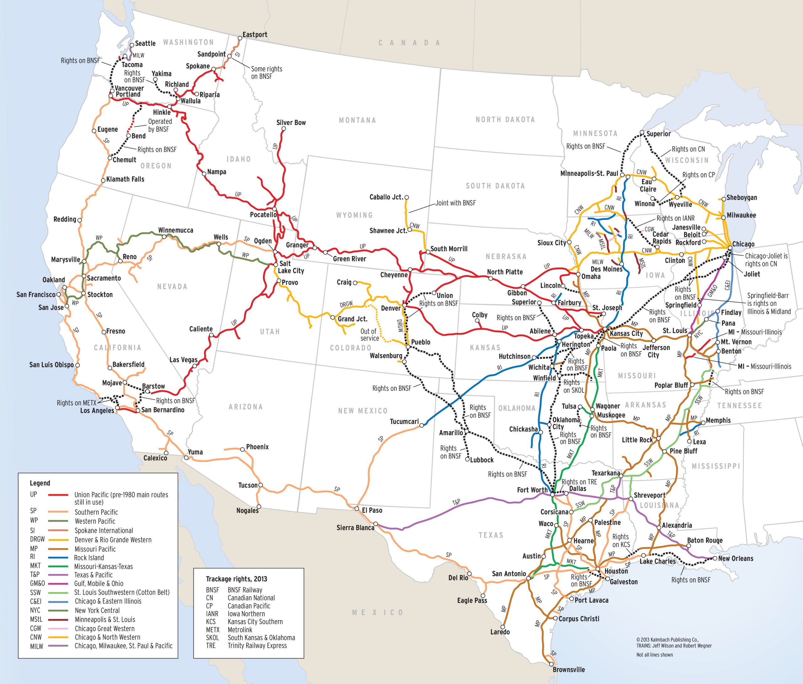 A map of the Union Pacific network from Trains magazine (2013). There are duplicate green and orange lines between San Francisco and Salt Lake City, and red and yellow lines between Salt Lake City and Denver. These routes comprise wholly redundant mainlines, of which Union Pacific focuses most of its traffic on the red and orange lines, respectively.