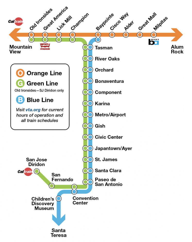 A map of the Santa Clara Valley Transportation Light Rail system