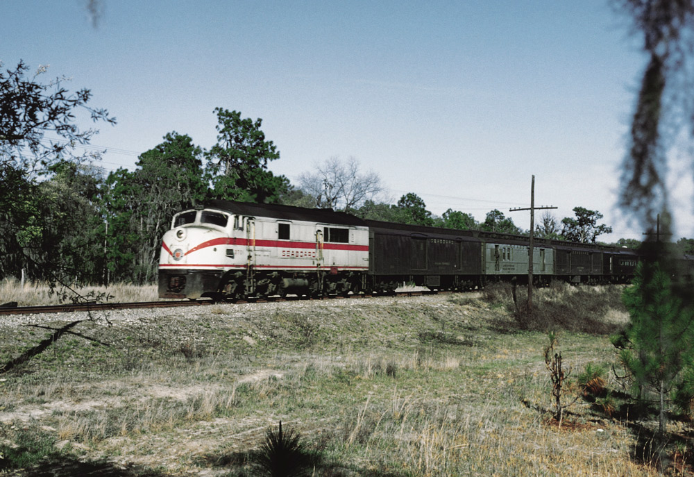 White, red and black streamlined diesel locomotive with passenger train framed by trees