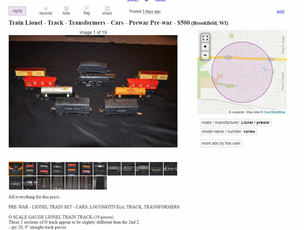 A listing for toy trains on Craigslist.