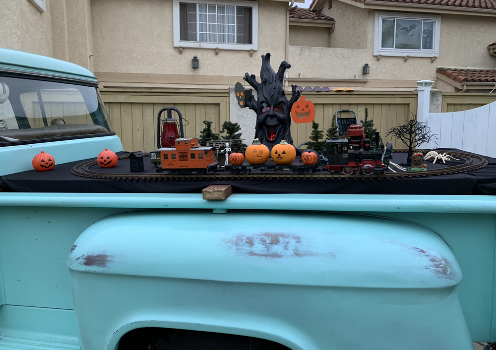 A Halloween display layout on a truck